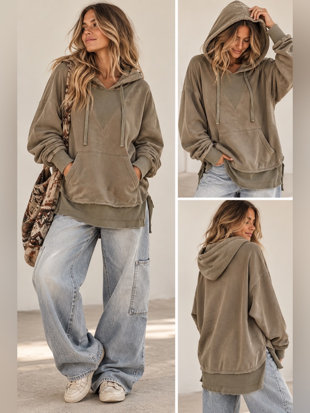 eesome Olive Green Washed oversized Hooded Pullover Sweatshirt